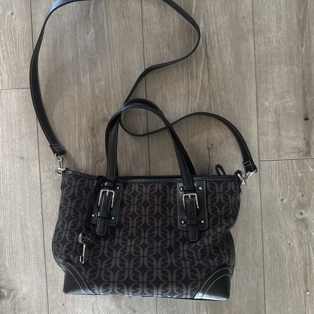 Vintage Fossil Women's Handbag Black‎ Signature Canvas Crossbody Bag
